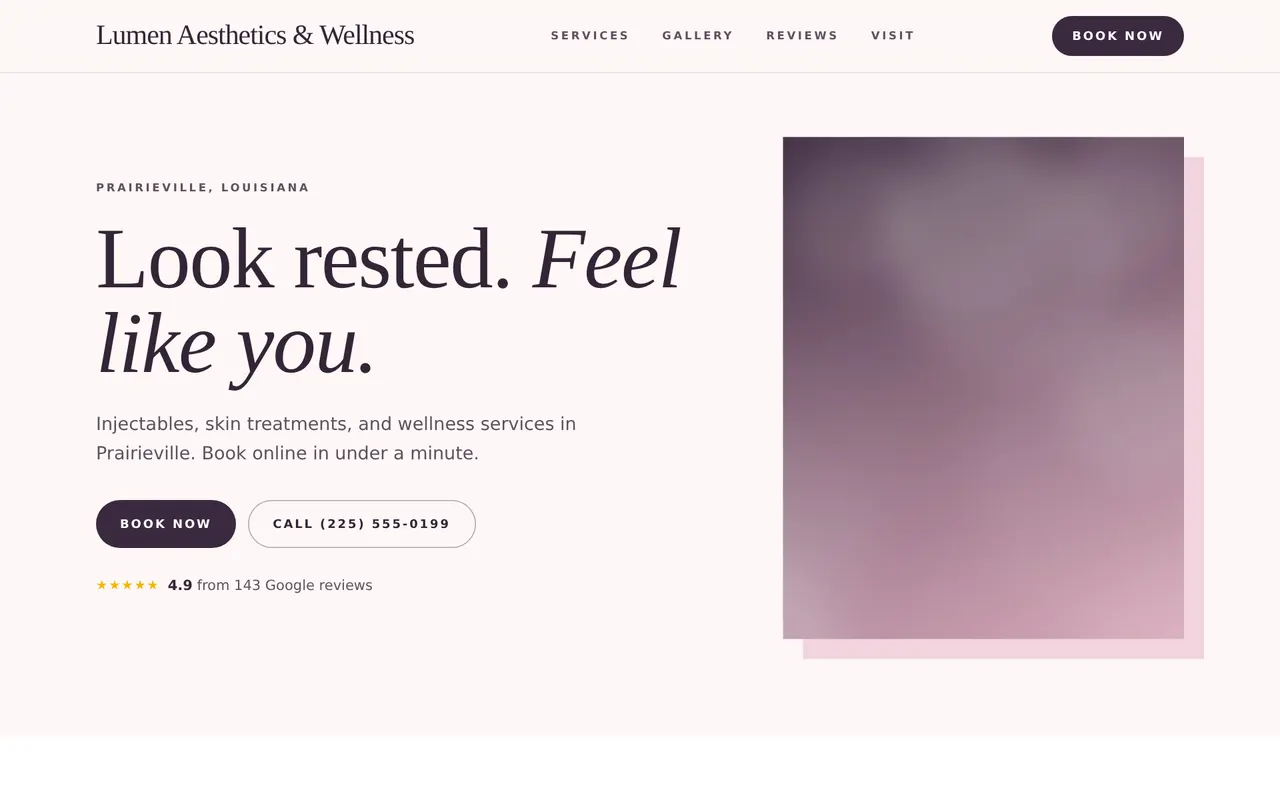 Sample design for med spas, salons and nail studios, desktop view, using a made-up business called Lumen Aesthetics & Wellness