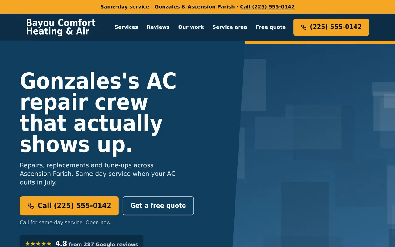 Sample design for hvac, plumbing, roofing, electrical, landscaping, auto repair, desktop view, using a made-up business called Bayou Comfort Heating & Air